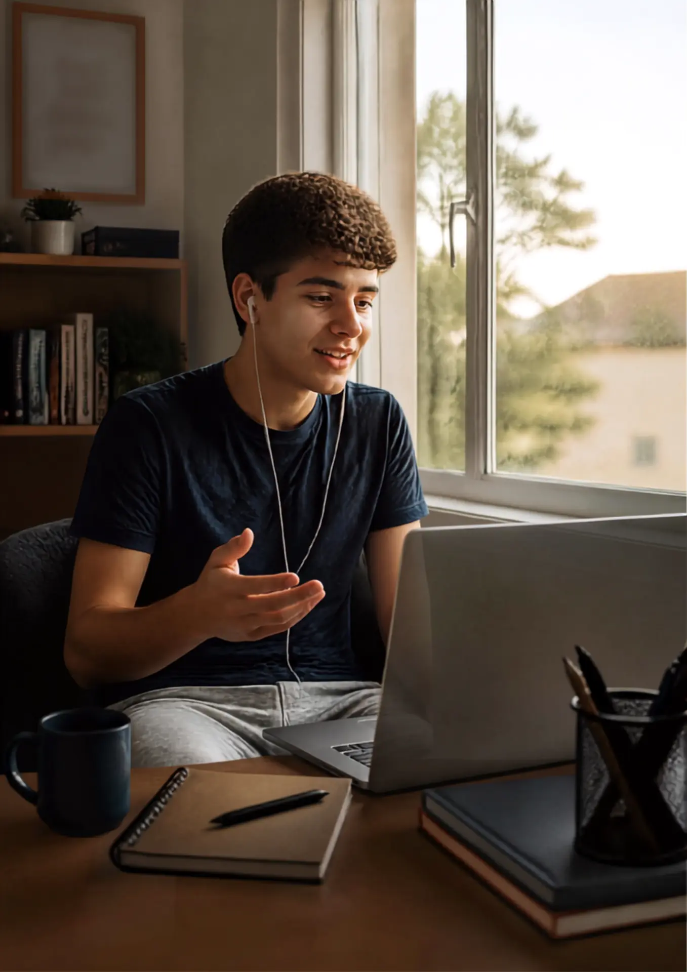 Adolescente em consulta online por videochamada, no quarto de casa