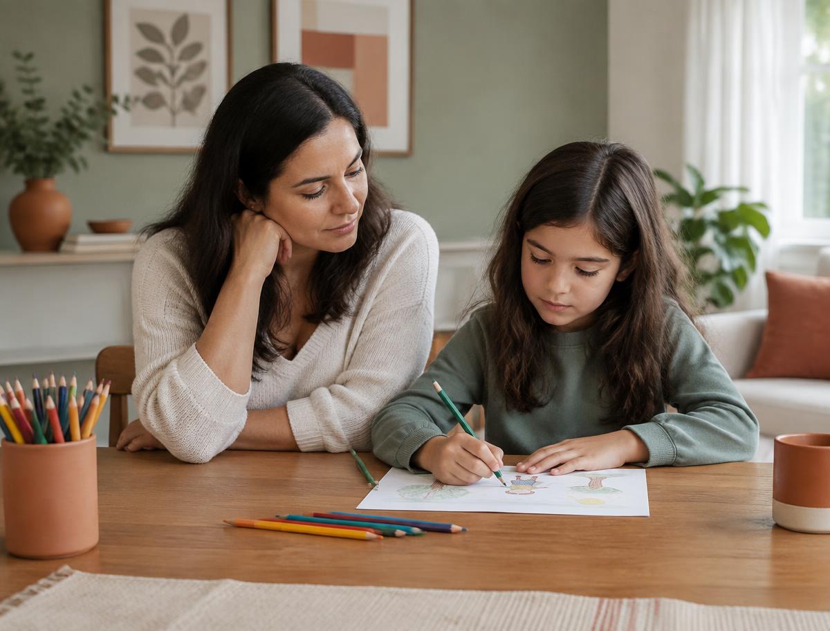 Mãe escuta a filha enquanto ela desenha em casa — imagem ilustrativa